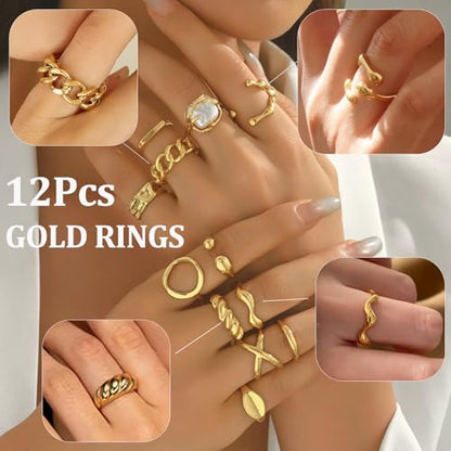 Chunky Stackable Rings Set for Women Non Tarnish Adjustable Open Stacking Knuckle Ring Chunky Joint Finger Midi Rings Pack Dainty Simple Statement Jewelry - style: A-12pcs
