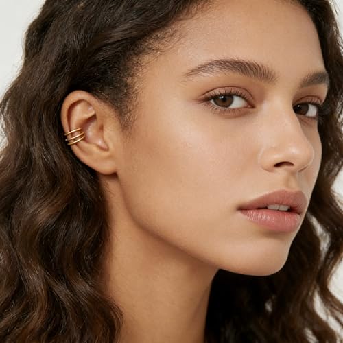 Bemoly Ear Cuff Earrings for Women 14K Gold Plated Cubic Zirconia Dangle Huggie Ear Cuffs Non Piercing | Clip On Cartilage - style: A-Stripe-Pair