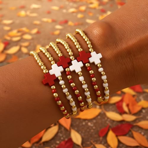Gold Beaded Bracelets for Women Stackable Boho Gold Plated Colorful Seed Beads Ball Cross Bracelets Stack Elastic Stretch Trendy Jewelry Accessories Non Tarnish Friendship Christian Gift - color: Red White