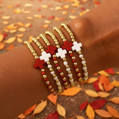 Gold Beaded Bracelets for Women Stackable Boho Gold Plated Colorful Seed Beads Ball Cross Bracelets Stack Elastic Stretch Trendy Jewelry Accessories Non Tarnish Friendship Christian Gift - color: Red White