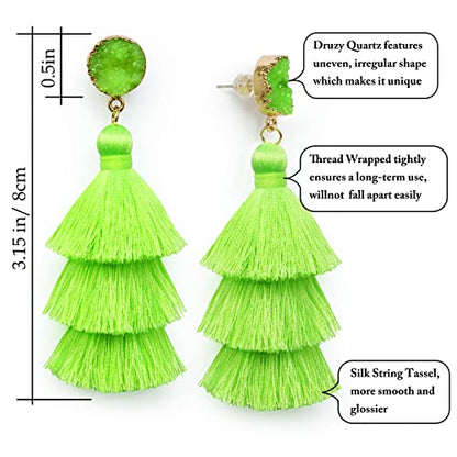 Me&Hz Colorful Layered Tassel Earrings Bohemian Statement Tiered Tassel Big Dangle Drop Earrings for Women Druzy Studs Valentine’s Day Gift - color: Fluogreen