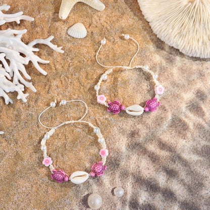 2Pcs Handmade Braided Flower Shell Anklet Bracelet Woven Bohemian Flower Starfish Shell Turtle Charms Stretchable Bracelet Wristlet for Women Men Summer Beach Jewelry