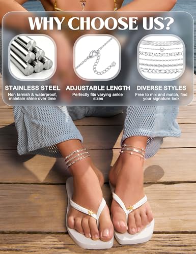 Subiceto Ankle Bracelets for Women Waterproof - 14K Gold Plated Non Tarnish Anklets Set Dainty Stainless Steel Stackable Layered for Beach Summer Jewelry Adjustable - color: 6Pcs-Silver