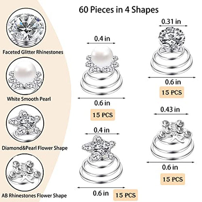 60 PCS 4 Shapes Gems Rhinestone Twister Hair Studs Set Diamond Spiral Pearl Flower Jewels Hair Pins Sticks for Wedding, Bridal, Prom, Party and Special Occasion, Butterfly - color: Butterfly