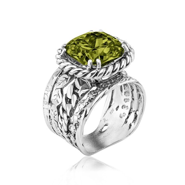 JEAN RACHEL JEWELRY 925 Sterling Silver Braid Leaf Cushion Ring | Ornate statement ring beautifully adorned with sculpted leaf motifs, twisted rope braids, and a CZ center stone. - color: Peridot CZ