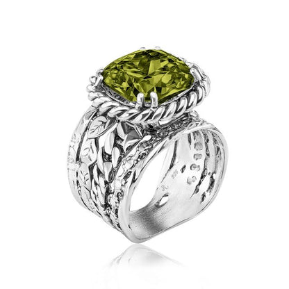 JEAN RACHEL JEWELRY 925 Sterling Silver Braid Leaf Cushion Ring | Ornate statement ring beautifully adorned with sculpted leaf motifs, twisted rope braids, and a CZ center stone. - color: Peridot CZ