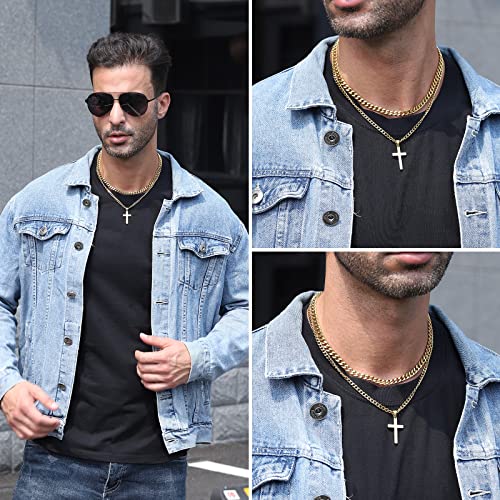 Zocomi Cross Necklace for Men Boys, Stainless Steel Layered Cuban Link Herringbone Chain Cross Pendant Christian Fashion Jewelry Gifts 16-24 Inches - color: Gold, size: 18inch/20inch, style: Cuban+Cuban