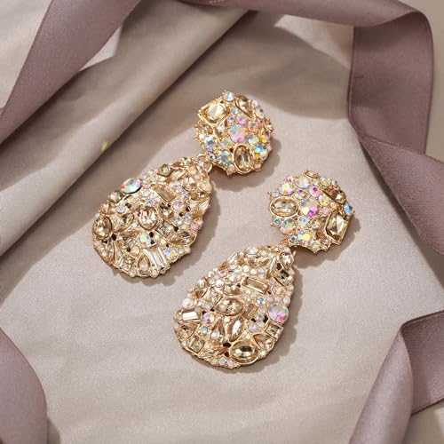 EVER FAITH Glamour Rhinestone Statement Clip-on Earrings, Fashion Chic Art Deco Sparkly Marquise Water Drop Crystal Dangle Earrings for Women - color: Champagne Gold-Tone