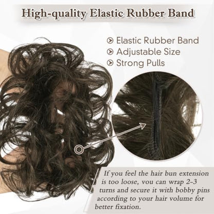 RUWISS 100% Human Hair Bun Small Messy Bun Hair Piece for Women Layered Wavy Hair Buns Updo Hairpiece for Daily Wear Scrunchies Ponytail Extension (Dark Brown) - color: Dark Brown
