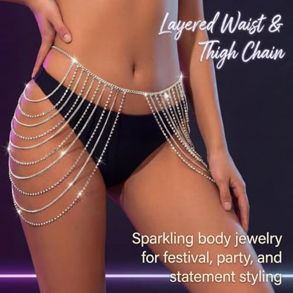 Brishow Rhinestone Body Chains Layered Crystal Waist Chain Beach Bikini Fashion Body Jewelry Accessories for Women and Girls - color: Silver