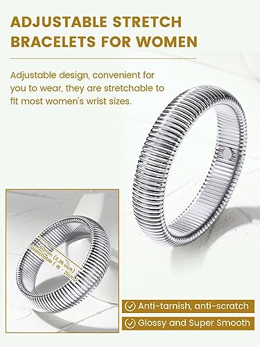 KeyStyle Bangle Bracelets For Women, Stainless Steel Stretch Bracelet Wide | 14K Gold/Rose Gold/Black/Silver Plated Flexible Wide Twisted Link Chain Wristband Jewelry, 10Mm, 16Mm, 20Mm - color: 20mm - Steel