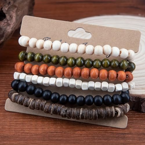 5 Pieces, Womens ans Mens Wooden Bead Bracelets Set, Multi-Color Wood Beads, Bohemian Style Stretch Bracelets