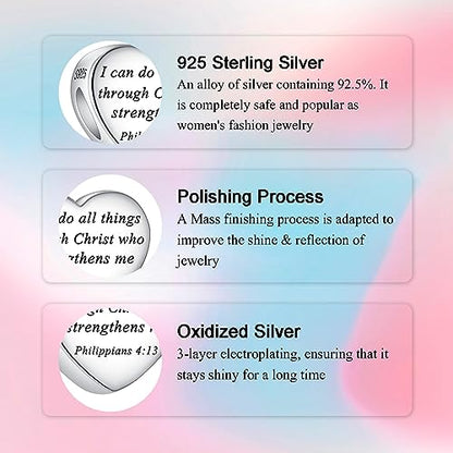 Bible Family Mom Wife Love Heart Dangle Charm 925 Sterling Silver Charms fits Bracelets and Necklace Pendant Bead Charms Jewelry Present for Women Family Friends - style: Bible - I can do all things through Christ charm