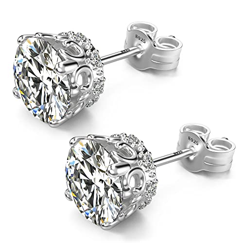 Round Cut Cubic Zirconia Stud Earrings for Men Women | Brilliant CZ Simulated Diamond, 18K White Gold Plated Sterling Silver, Hypoallergenic - color: White Gold