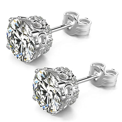 Round Cut Cubic Zirconia Stud Earrings for Men Women | Brilliant CZ Simulated Diamond, 18K White Gold Plated Sterling Silver, Hypoallergenic - color: White Gold