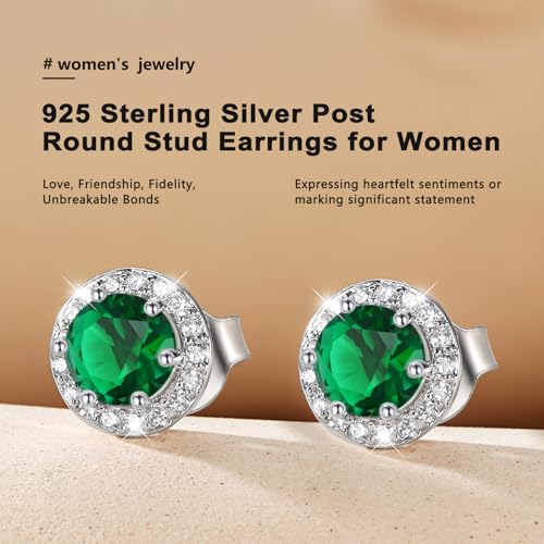 Bestyle 8mm Small Birthstone Earrings for Women with Hypoallergenic Sterling Silver Post,Sparkle Heart/Round Womens Studs Earrings, Great Birthday/Christmas/Anniversary Jewelry for Wife Mother - color: 05. May Emerald-Round