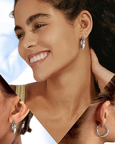 wowshow Gold Hoop Earrings for Women Chunky Hoops 14K Gold Plated Thick Hollow Tube Lightweight Earrings for Mother Birthday Gifts 20/25/30/40/50MM - color: Silver-30MM