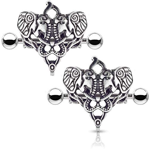 Two Elephants 316L Surgical Steel Nipple Shield Ring - style: 14 GA, Length: 14mm, Ball: 5mm, Antique Silver