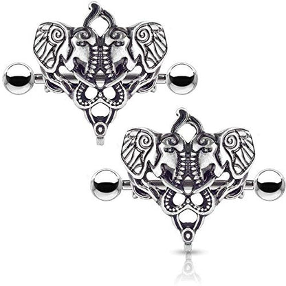 Two Elephants 316L Surgical Steel Nipple Shield Ring - style: 14 GA, Length: 14mm, Ball: 5mm, Antique Silver