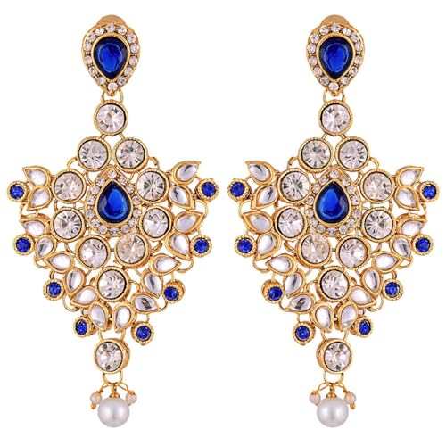 Aheli Bollywood Style Indian Bridal Choker Necklace Matha Patti Nose Ring Haath Phool Wedding Fashion Bharatanatyam jewellery set for Women - color: Blue