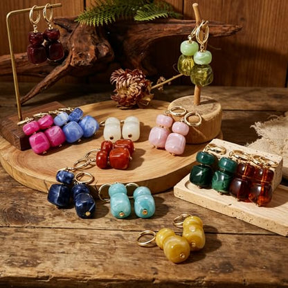 COLOYAN 12 Pairs Multicolor Resin Beaded Drop Earrings for Women | 14K Gold Plated, Hoop Dangle, Lightweight Geometric Square Acrylic, Boho Statement, Women Daily Wear Vacation Gift