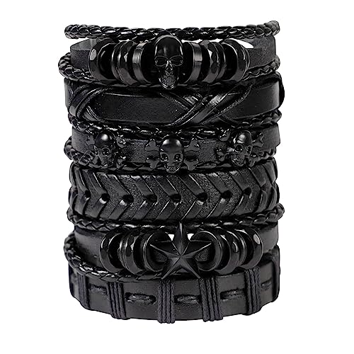 6Pcs Men Braided Leather Bracelet Black Punk Rock Skull Bracelet - color: B: Black