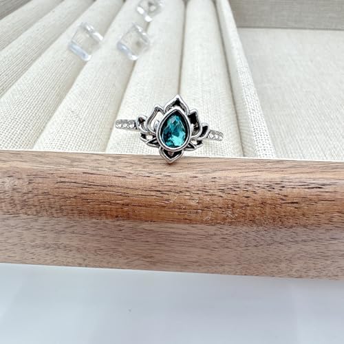 Lotus Ring for Women - Zircon Inlaid Flower Promise Ring - My Trauma Inspirational Statement Floral Jewelry Gift - color: blue