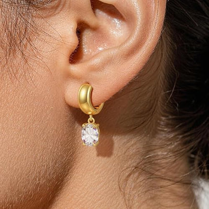 Gold Huggie Dangle Earrings for Women Chunky Hoop Huggies Cubic Zirconia Drop Earring Diamond Crystal Charm Statement Teardrop Earrings Jewelry Gifts - color: Gold-Oval