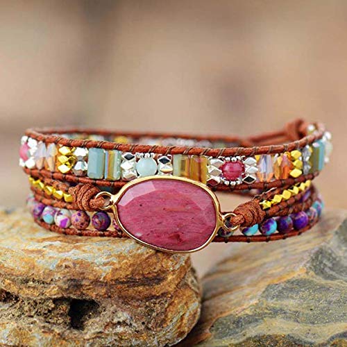 Handmade Boho Wrap Bracelets Natural Turquoise Crystal Stone Variety Beaded Strand Bracelet - color: Red Agate