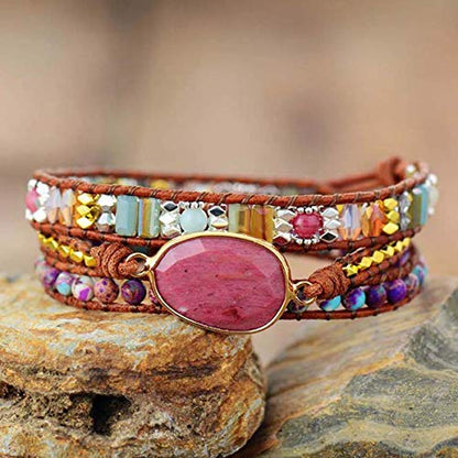 Handmade Boho Wrap Bracelets Natural Turquoise Crystal Stone Variety Beaded Strand Bracelet - color: Red Agate