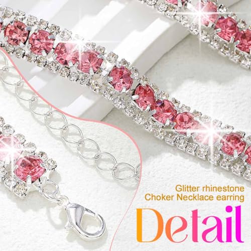 CLOACE Rhinestone Bridal Wedding Jewelry Set Sparkly Chocker Necklaces Earrings Prom Jewelry Accessories for Women - color: Pink