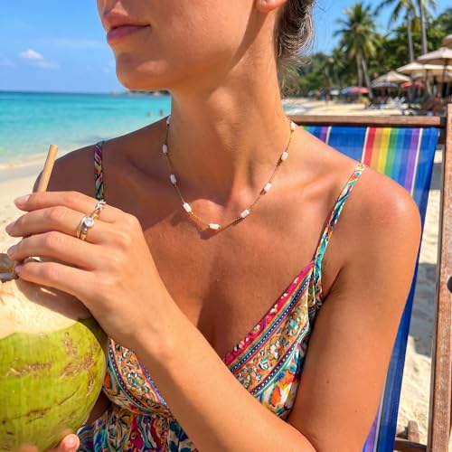 RINHOO Dainty Beaded Necklace for Women 18K Gold Plated Stainless Steel Colorful Blue Pink Choker Boho Choker Necklace Jewelry Gift for Women - color: Style 1-Pink