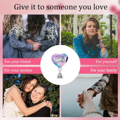 Hapour 925 Sterling Silver Charms for Bracelet Necklace Dangle Pendant Bead | Bear Charm, Elephant Zebra Cat Dream catcher Family Birthday European Jewelry Charm, For Women Mom - color: Purple Blue Birthday Cake Heart Balloon