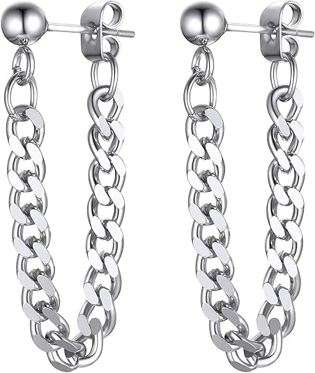 ChainsHouse Stud Earrings for Men Women,316L Stainless Steel/14K Gold/Black Plated Metal, Punk Hypoallergenic Surgical Huggie Hoop Earrings Mens Jewelry Piercing Hoop Earrings - style: C: Steel-Cuban Chain