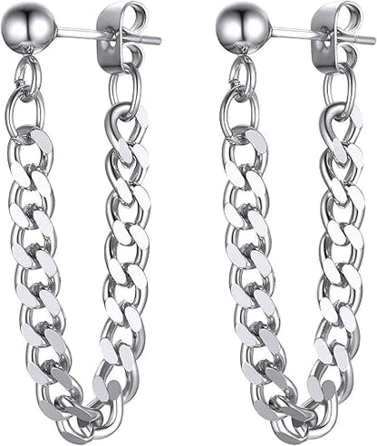 ChainsHouse Stud Earrings for Men Women,316L Stainless Steel/14K Gold/Black Plated Metal, Punk Hypoallergenic Surgical Huggie Hoop Earrings Mens Jewelry Piercing Hoop Earrings - style: C: Steel-Cuban Chain