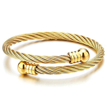 COOLSTEELANDBEYOND Elastic Adjustable Steel Twisted Cable Cuff Bangle Bracelet for Mens for Women - color: C-Metal Color: Gold