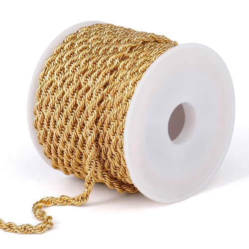 16.5FT Gold Stainless Steel Rope Chain 4mm Gold Chain for Jewelry Making | 18K Gold PVD Plated Dainty Twist Link Chain Roll Bulk for Necklace Bracelet Crafts - color: Gold Color, size: 4mm width