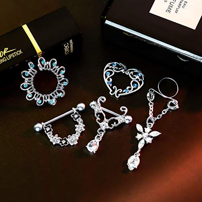 Hicarer 12 Pieces Fake Breast Ring Stainless Steel Dangle Include 8pcs Non-Piercing Breast Rings and 4pcs Faux Piercing Breast Rings for Women Piercing Jewelry
