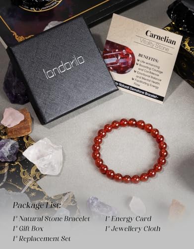 Natural Stone Beaded Bracelets for Men Women, 4mm 6mm 8mm | Healing Crystal, Protection Gemstone, Gift Packaging with Energy Card, Stretch Jewelry, Replacement Beads Included, 18 Stone - color: Carnelian(Luck & Vitality), size: 8mm