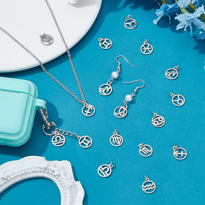 PH PandaHall 24pcs 304 Stainless Steel 12 Constellations Charms Zodiac Sign Pendants Charm Flat Round with Constellation Pendants Astrology Horoscope Charms for DIY Jewelry Craft Making