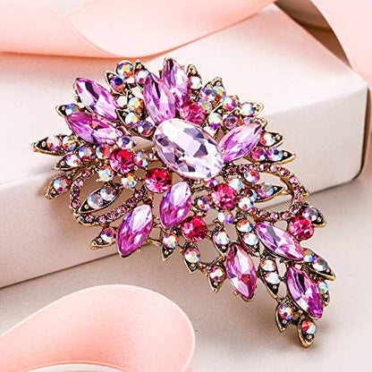 EVER FAITH Women's Austrian Crystal Wedding Flower Leaf Bouquet Brooch - color: Pink Antique Gold-Plated-Base