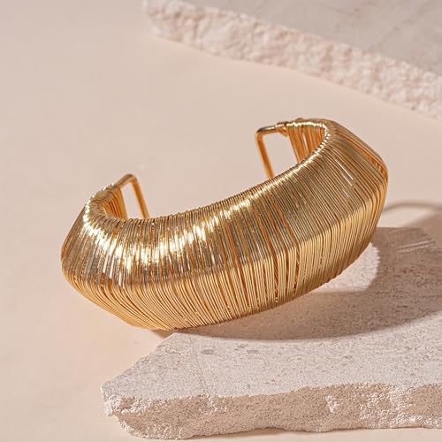 Chunky Cuff Bracelets for Women Wide Gold/Silver Cuffs Bangle Hollow Out Adjustable Bracelets Punk Vintage Jewelry - style: U-Gold A