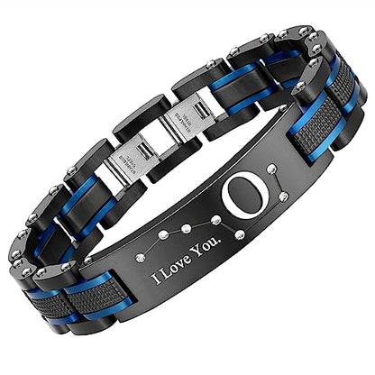Men's Bracelet, Black and Blue Ion Stainless Steel, Initial Curved Plate, Gift for Boyfriend, Husband, Father, Comes with Gift Box - color: blue-blackO