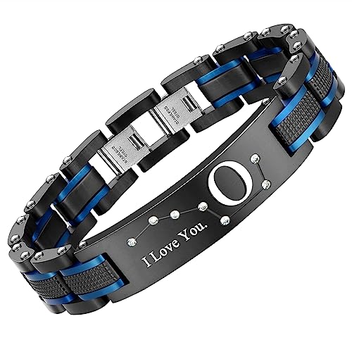Men's Bracelet, Black and Blue Ion Stainless Steel, Initial Curved Plate, Gift for Boyfriend, Husband, Father, Comes with Gift Box - color: blue-blackO