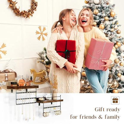 Lolalet Wall Mount Hanging Jewelry Organizer -Set of 2, Brown | Versatile Hanging Holder with Hooks for Earrings, Bracelets and Necklaces, Easy to Install on Bathroom Wall - color: Brown