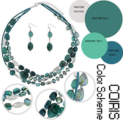 Coiris 3 Multi Layer Shell Glass Beaded Fashion Necklace for Women 21" - color: N0001-teal+silver