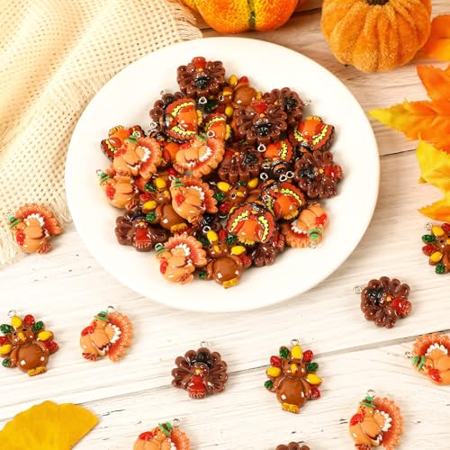 64 Pcs Turkey Resin Charms, Thanksgiving Charm for Jewelry Making | Premium Resin, 4 Styles, Fall Turkey Pendants Ornament, DIY Crafts Bracelet Necklace Earrings Jewelry Making Decorations - style: Turkey Style