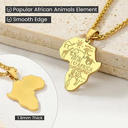 GOLDCHIC JEWELRY Africa Map Necklace for Men, Stainless Steel African Tribal/Egyptian Eye of Horus/I LOVE AFRICA/Elephant Map Hiphop Jewelry Unisex with 22'+2'Adjustable Chain - color: Animals - Gold, style: No Customization