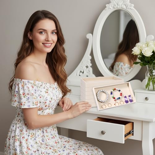 12 Pack Velvet Jewelry Trays, 8.3x5x0.9 Inches | Stackable Jewelry Organizer Inserts for Women, Beige Display Trays for Necklace Earring Ring Bracelet