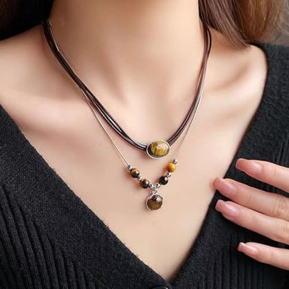Boho Tiger's Eye Pendant Necklace for Women, Natural Stone Wax Rope Cord Choker, Beautiful Crystal Jewelry Gift with Gift Box